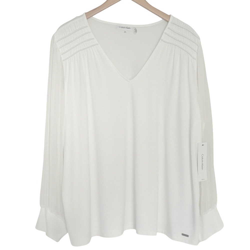 Calvin Klein Blouse Sz 2X V-Neck Sheer Sleeve Pleated Modern Essentials New